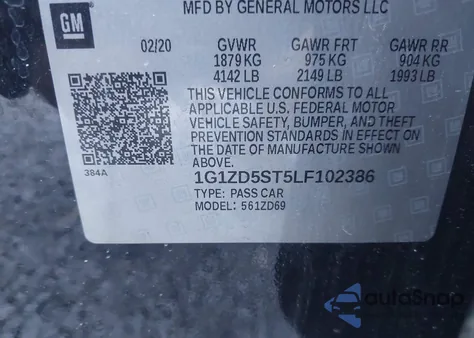 2020 Chevrolet Malibu Fwd Lt z USA, uszkodzony, nr VIN 1G1ZD5ST5LF102386